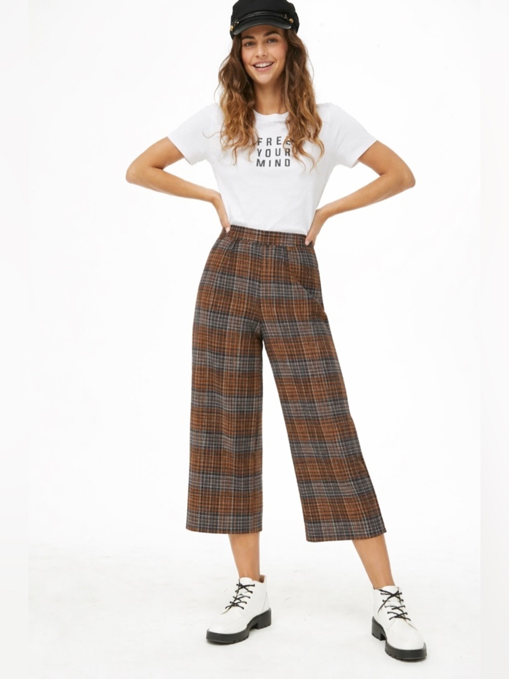 Zara Woman Brown Palazzo Plaid Beach Swim Cover Up Wide leg Cropped Pants S